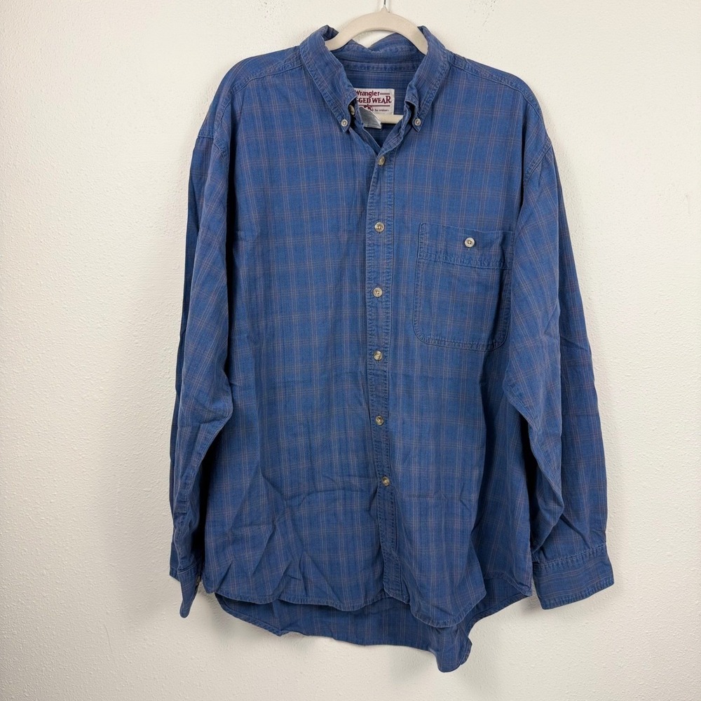 VTG Wrangler Rugged Wear Mens XL Blue Plaid Long‎ Sleeve Button Down Shirt